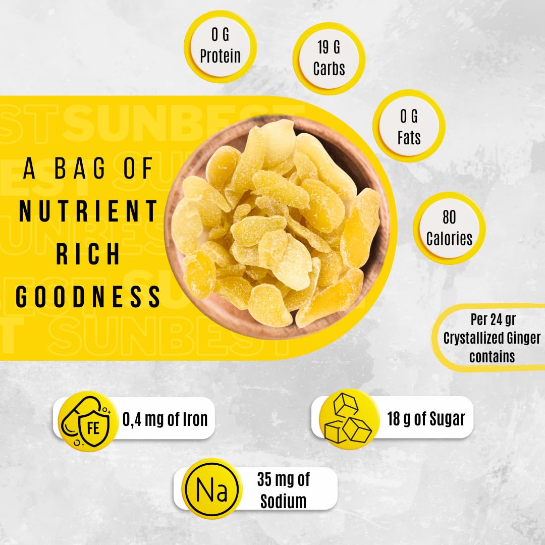 Sunbest Natural - Sliced & Candied Ginger, Crystallized Ginger for Baking and for Snacking, Vegan Dried Ginger, Non-GMO, Kosher
