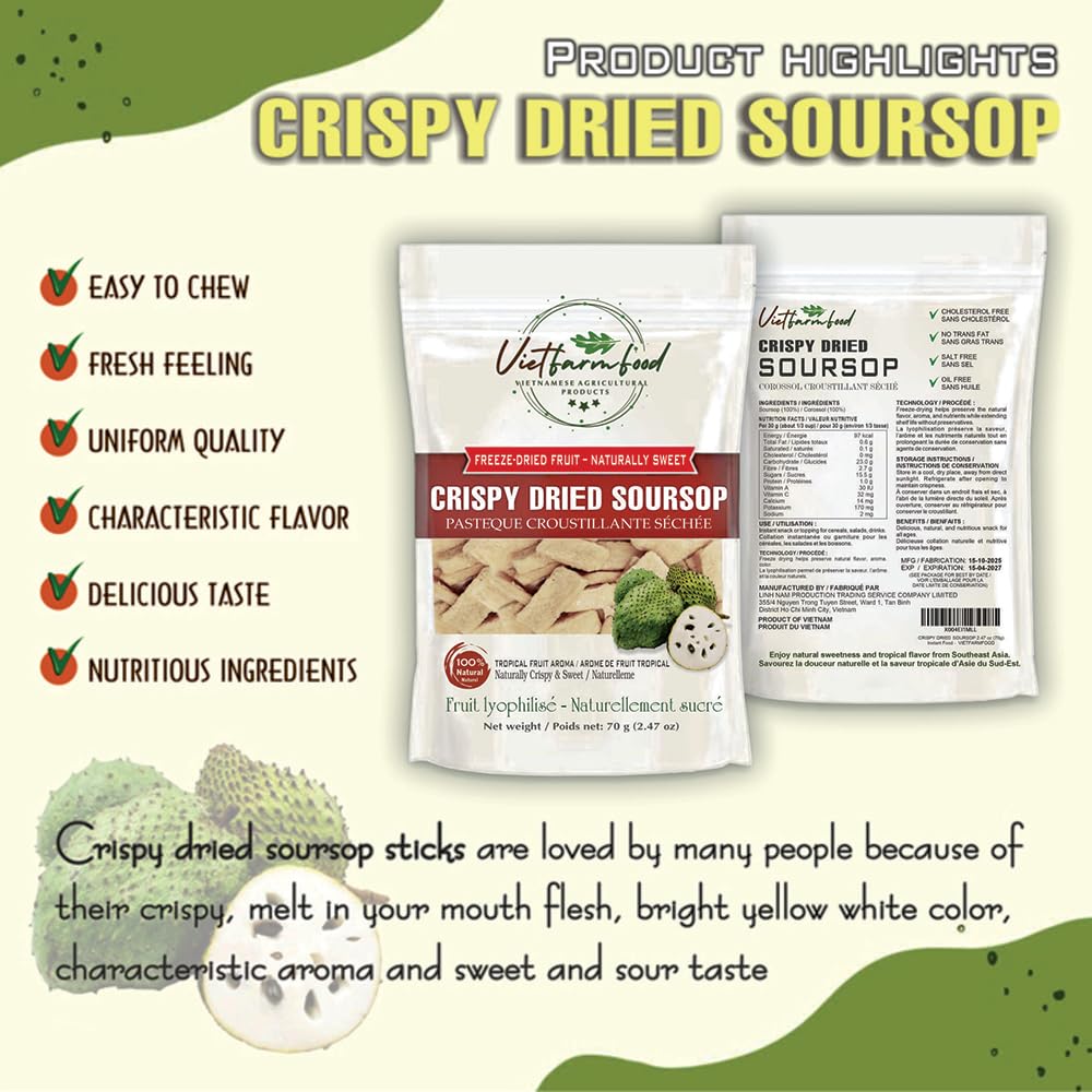Crispy Dried Soursop 2.47Oz (70G) Vietfarmfood: Freeze-Dried, No Sugar Added, Naturally Sweet, Rich In Natural Nutrients, Making It A Great Snack Option, Suitable For Snacking Or As A Gift