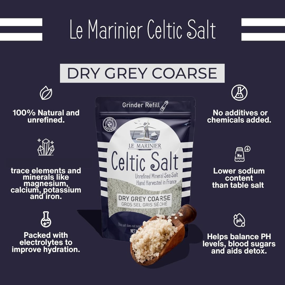 Le Marinier French Sea Salt Dry Grey Coarse, 1.1Lb – 18Oz (500G). Mineral Rich 100% Natural And Unrefined. Perfect For Grinders. Coarse Celtic Salt Organic. Hand Harvested Mineral Salt (1.1Lb Dry Grey)