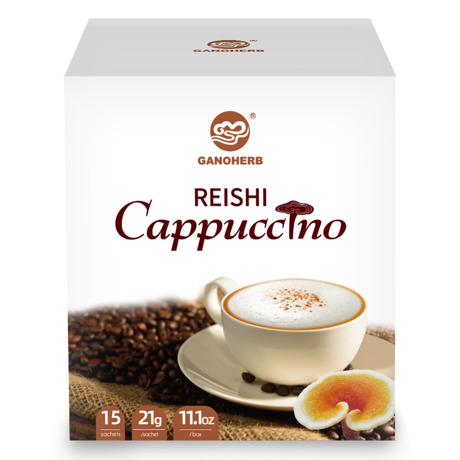 GANOHERB Mushroom Coffee Alternative Cappuccino Mix, Instant Superfood Drink, 11.1oz, 15 Count