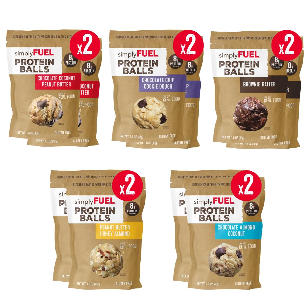 simplyFUEL Ultimate Protein Ball Variety Pack - Whole Food Balls with Probiotics - 8g Protein Snack - Gluten Free Energy Balls (10 Packs)