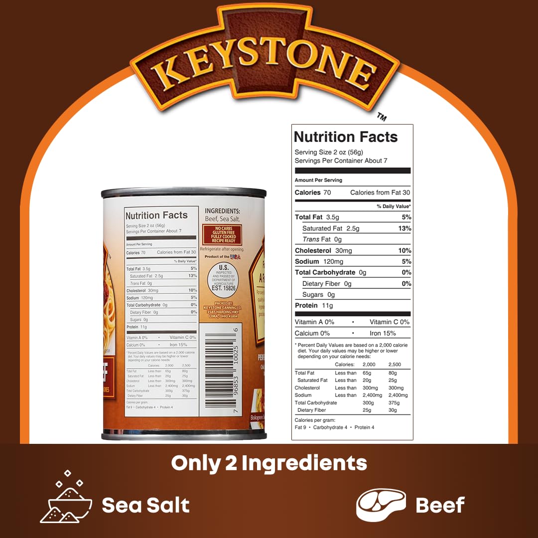 Keystone Meats All Natural Heat and Serve Ground Beef 14 oz - Fully Cooked Canned Meat - Ready to Eat - 5-Year Shelf Life - Pant