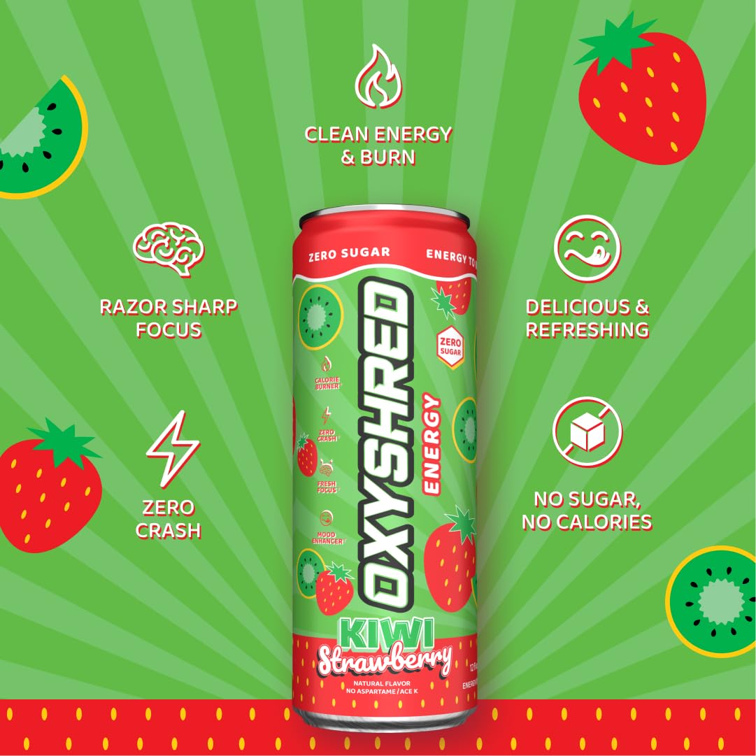 EHPlabs OxyShred Ultra Energy Drink - Zero Sugar, Kiwi Strawberry, 12 Fl Oz (Pack of 12)