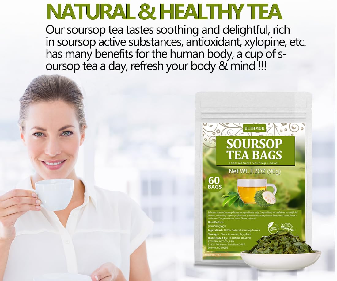 enhanced 60 Soursop Tea Bags  Made with 100% Natural Graviola Leaves  Hoja Guanabana Tea  No Additives & Caffeine Free.