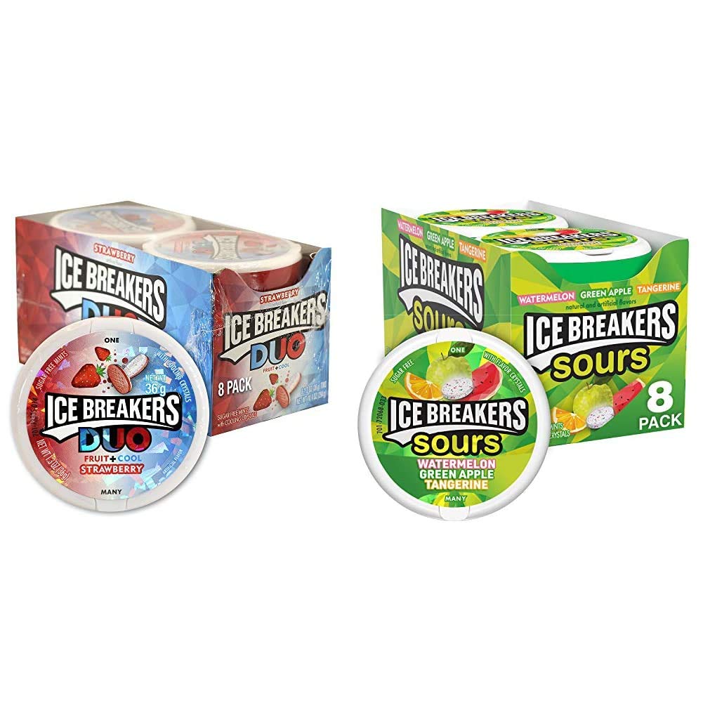 ICE BREAKERS Duo Fruit Plus Cool Strawberry Sugar Free Breath Mints Tins (8 Count) and ICE BREAKERS Sours Assorted Fruit Flavore