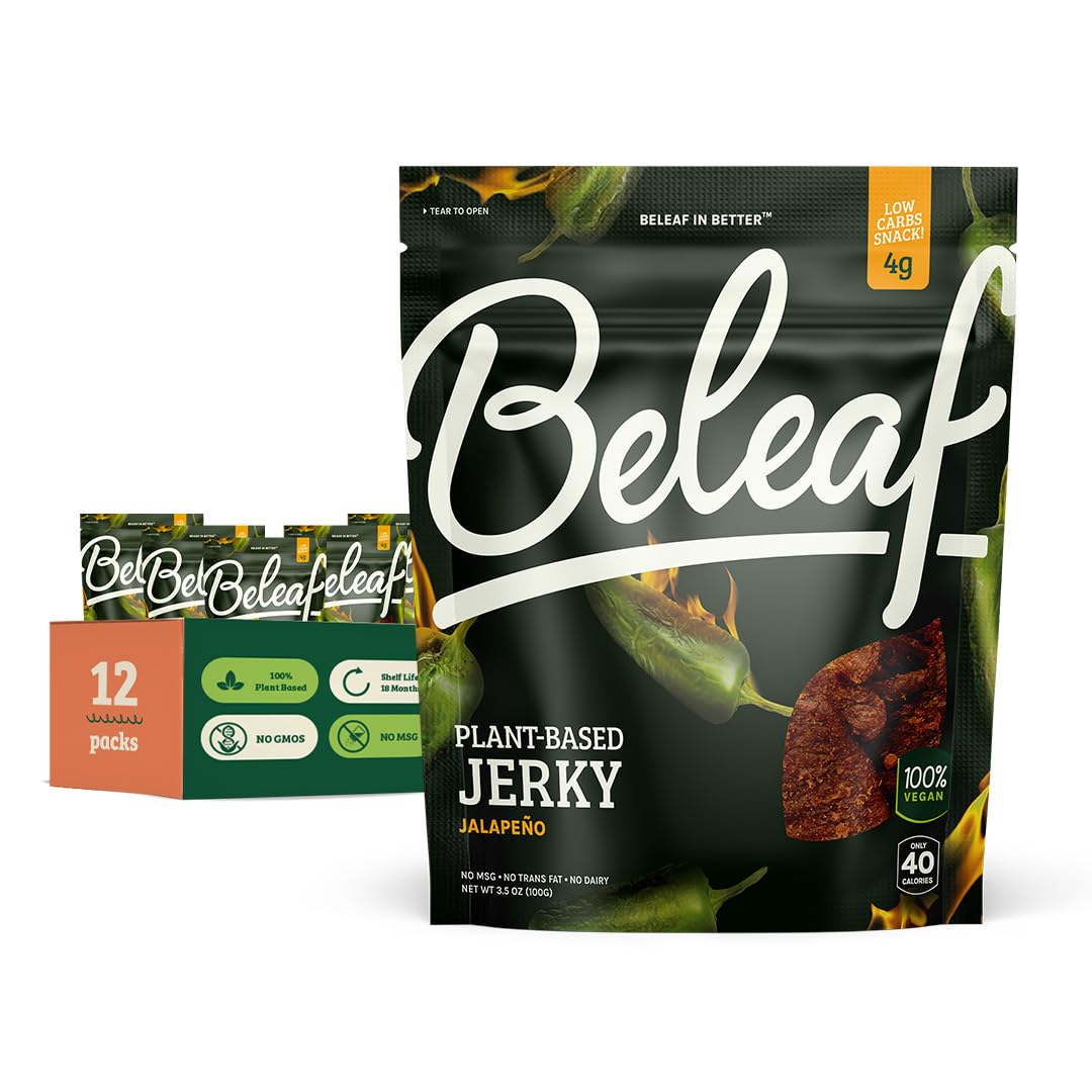 Beleaf Jalapeño Plant-Based Jerky: High-Protein Snack – Healthy And Flavorful Vegan Jerky For On-The-Go Energy – Tasty Meatless, Vegetarian Meat Alternative (12 Pack)