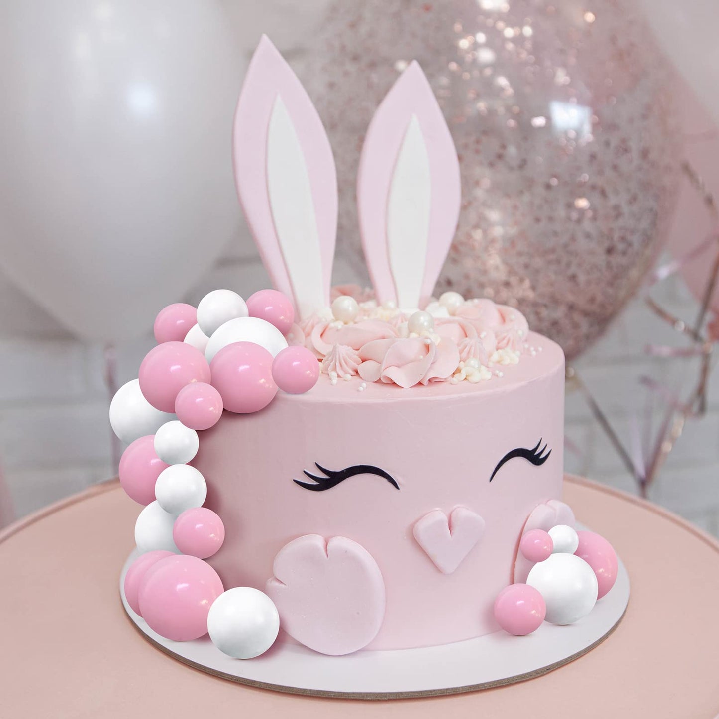 Jetec Mini Balloon Cake Topper Set, 66 Pieces, Foam and Faux Pearl, Pink and White for Birthday, Graduation, Baby Shower