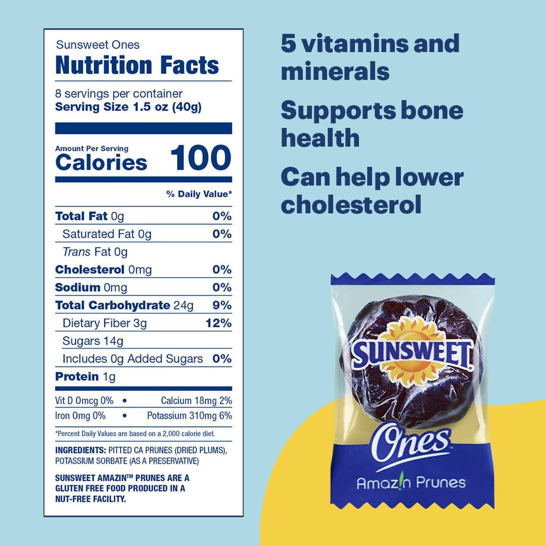Sunsweet Amazin Prunes Ones - Prunes Pitted Unsweetened & Dried - Gluten Free, Vegan, Low Fat - Fiber & Minerals - 12 oz pouch