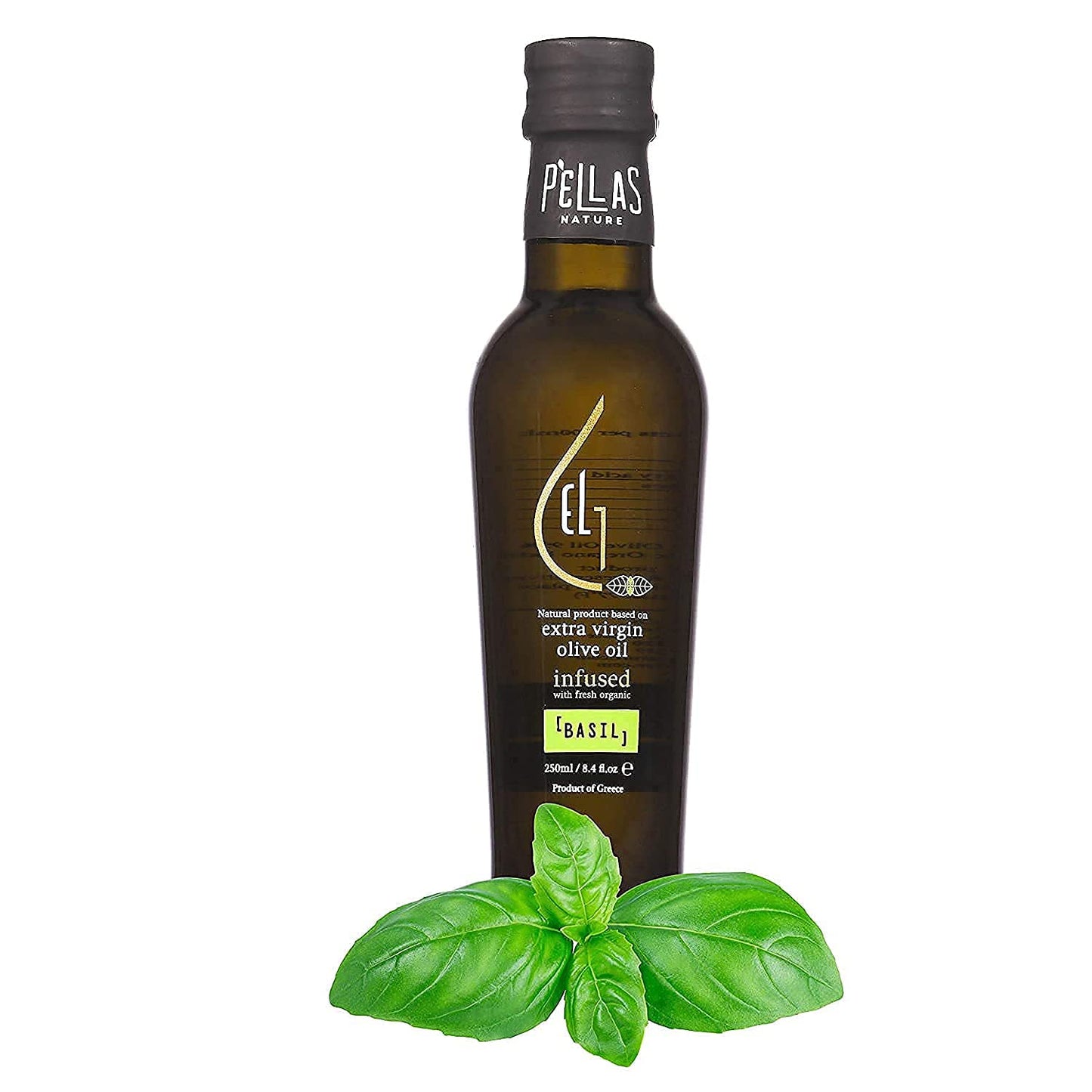 Pellas Nature, Organic Basil Infused Greek Extra Virgin Olive Oil, Finishing Olive Oil, Gold Award Winner, Kosher, 8.5 Oz. (250