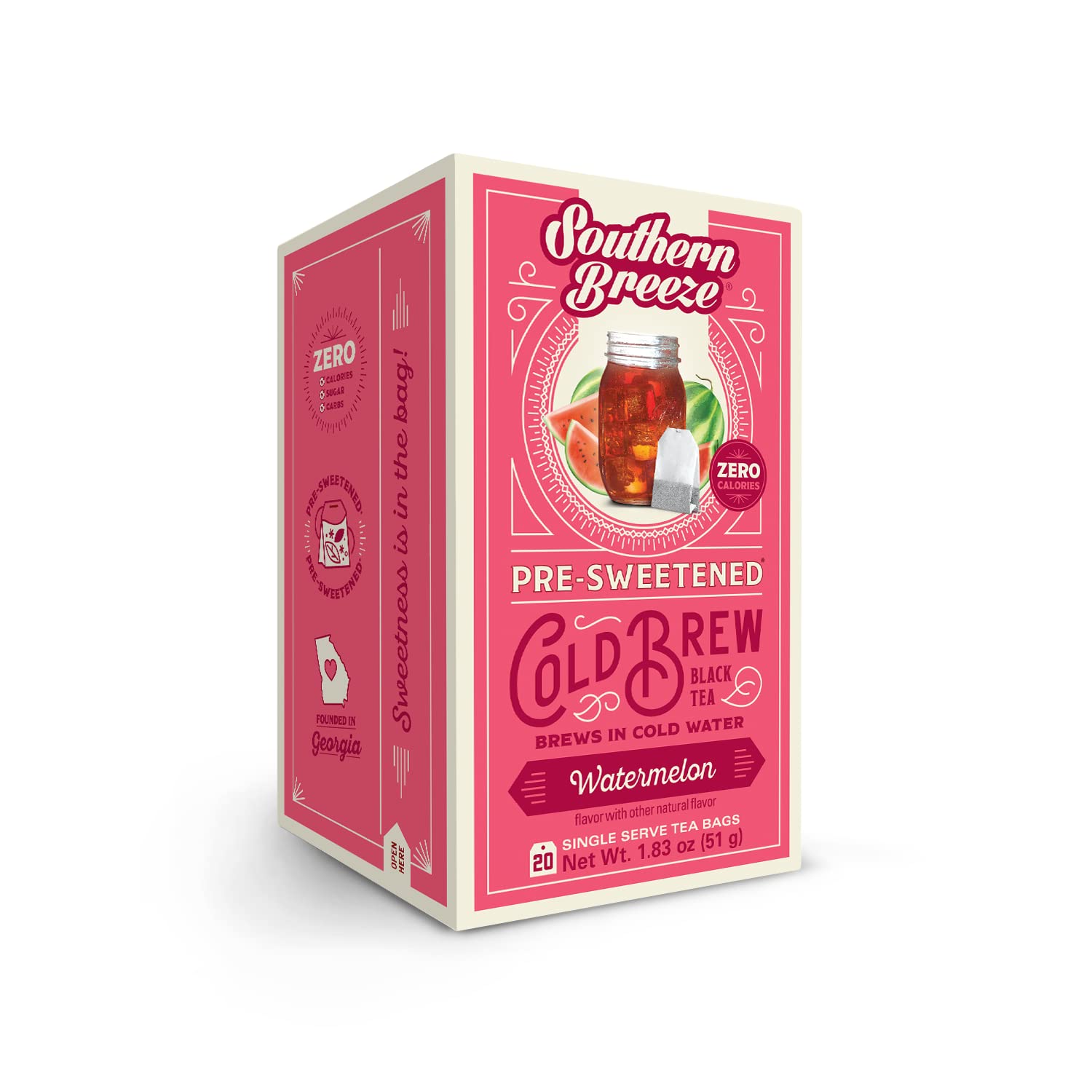Southern Breeze Cold Brew Sweet Tea Watermelon Iced Tea With Black Tea And Zero Carbs Zero Sugar, 20 Individually Wrapped Tea Bags Southern Sweet Tea Iced Tea Beverage