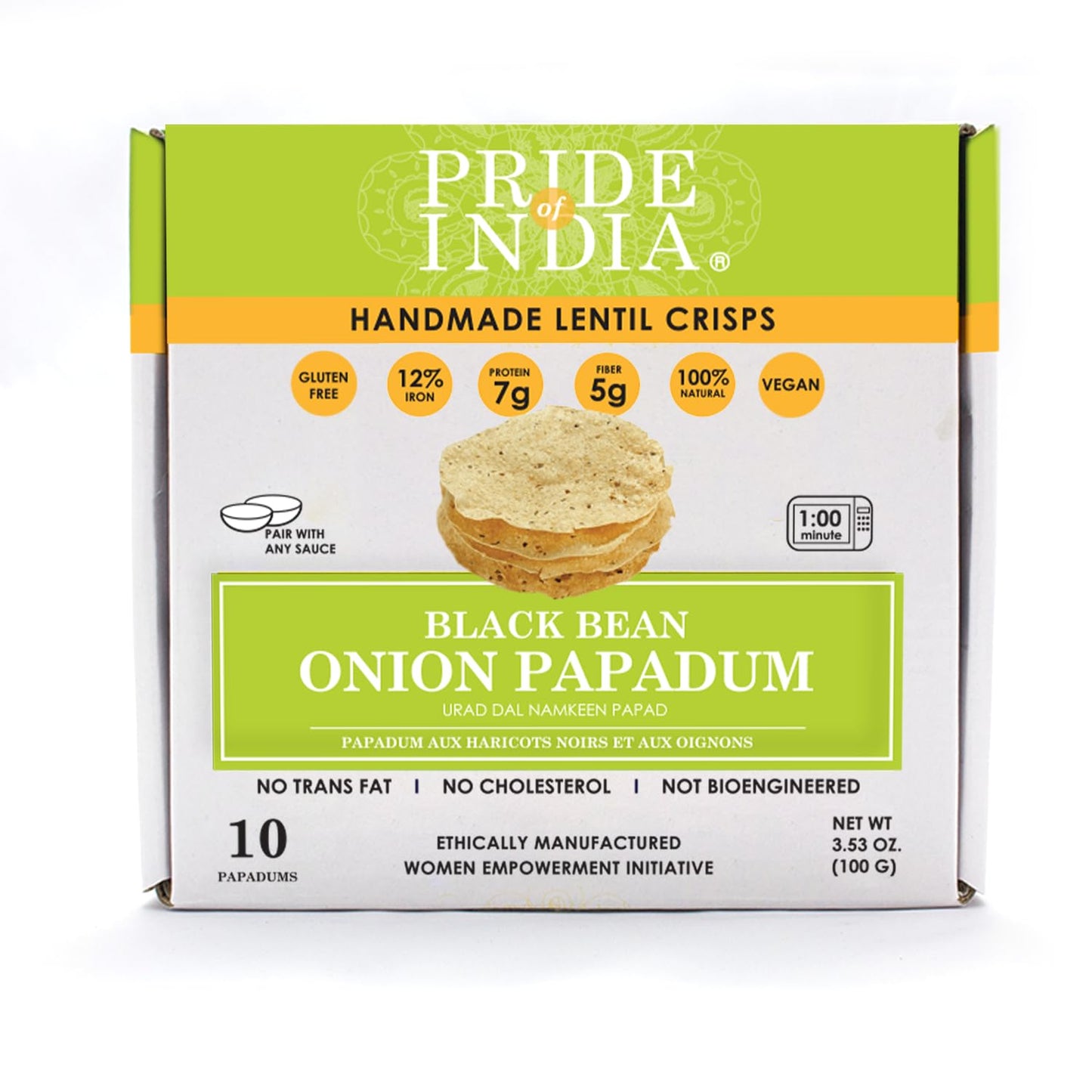 Pride of India Onion Papadum, 10 Count (3.53oz - 100g) | Indian Lentil Crisps (Papad) | Gluten-Free, Vegan, Healthy Snacks | Eas