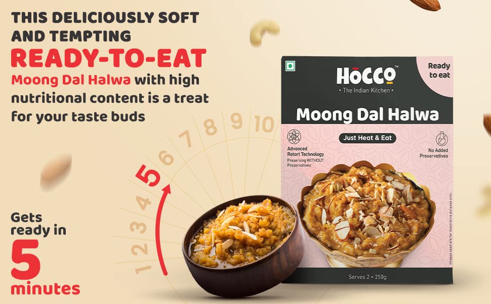 Hocco Moong Dal Halwa - Ready To Eat-Instant Halwa-Serves 2,250G, Ready To Cook In 5 Mins,Dessert Mix For Diwali