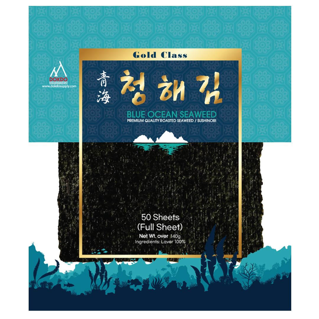 DOKDO SUPPLY Organic Sushi Nori Seaweed, 50 Sheets, 140g - Yaki Roasted Laver, 100% Natural, Premium Quality for Rolls & Wraps