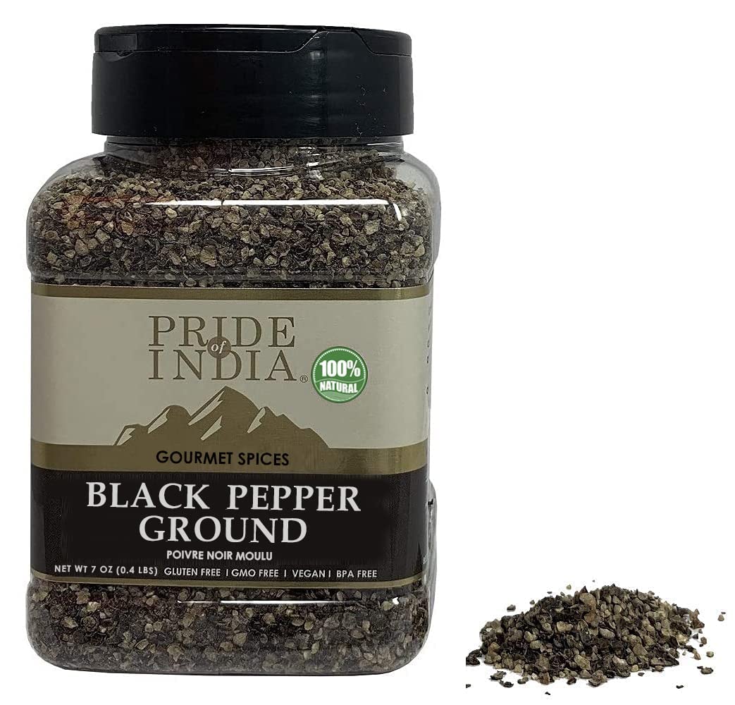 Pride Of India Black Pepper Ground - Fresh & Preservatives Free - 8oz Dual Sifter Jar - Ideal for Gourmet Dishes