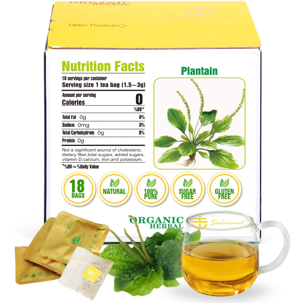 Soilmount Organic Plantain Leaf Tea, Caffeine-Free, 18 Bleach-Free Tea Bags, Non-GMO, 100% Natural