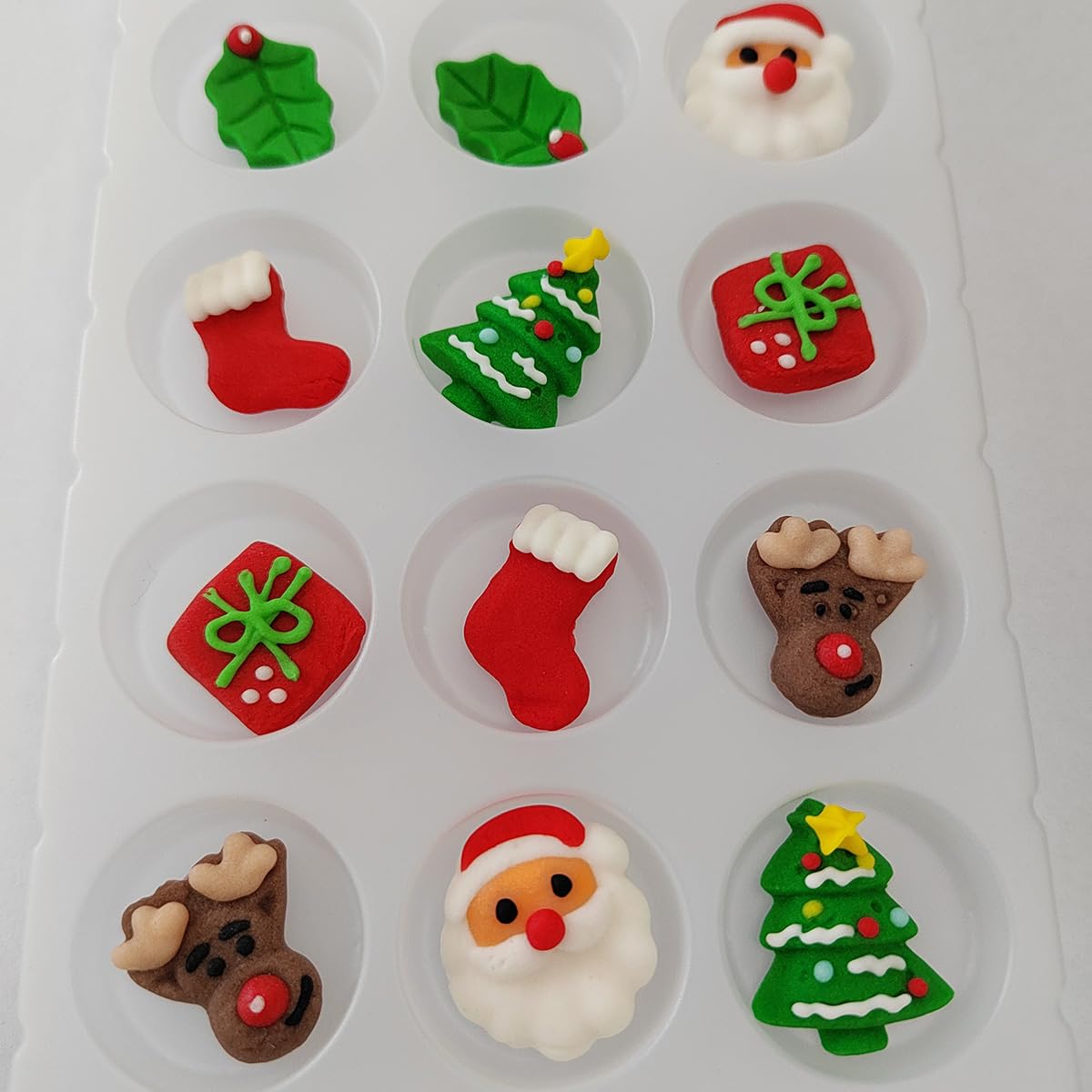 Ephvodi Christmas Cakes Decorations 12Pcs Edible Santa Claus Christmas Tree Shaped Hard Sugar Icing Decorations Cupcake Toppers For Baking Cookie Ice Cream Candy Decoration