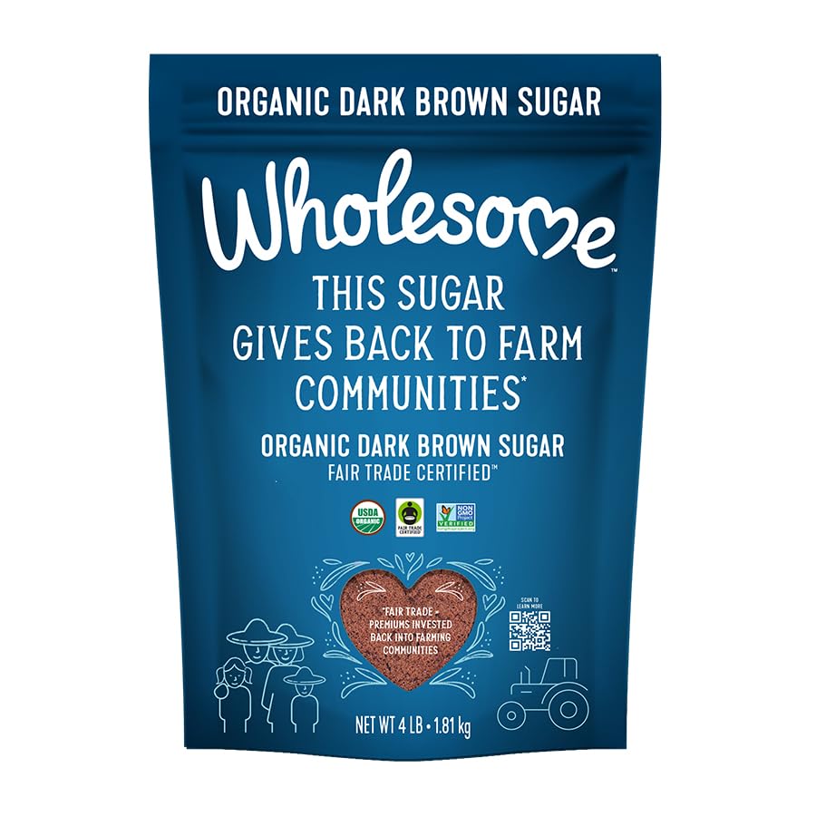 Wholesome Sweeteners 4LB Organic Dark Brown Sugar, Fair Trade, Non GMO, Gluten Free & Vegan, Sugar for Baking and Glazing, 1 Pac