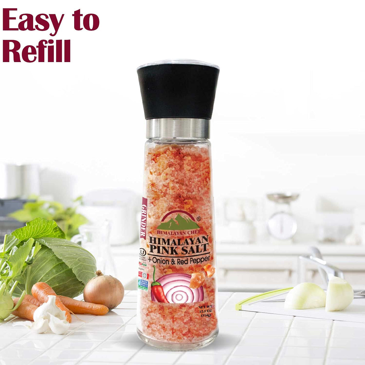 Himalayan Chef Pink Salt with Roasted Onion & Red Crushed Pepper, Tall Glass Grinder, 10.58 Oz