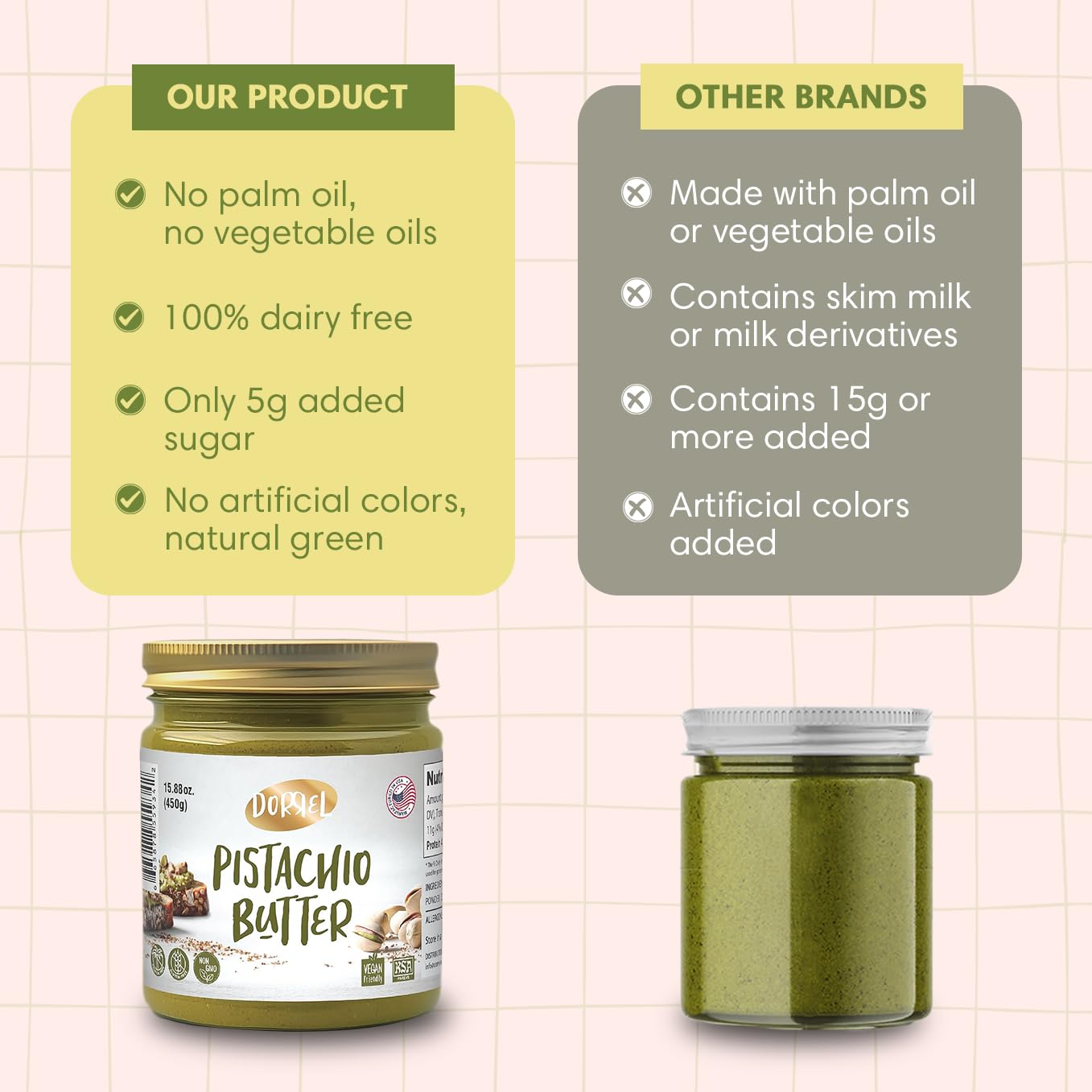 Dorrel Pistachio Butter, Dairy-Free Spreadable, 60% California Pistachios, Vegan, Kosher, 15.88 Ounce (450g)