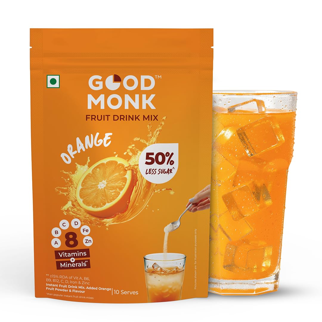 Good Monk Fruit Drink Mix (Natural Orange Powder), 50% Less Sugar with 8 Vitamins & Minerals (Vitamin B12, C, D, Iron & more) | 