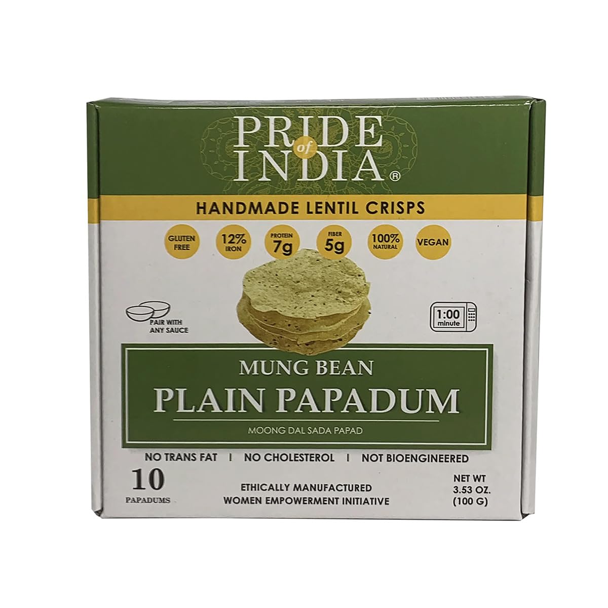 Pride Of India - Mung Bean Plain Papadum Lentil Crisp, 10 count (3.53oz - 100gm) - Plant Based Protein Snack, Gluten-Free Vegan 