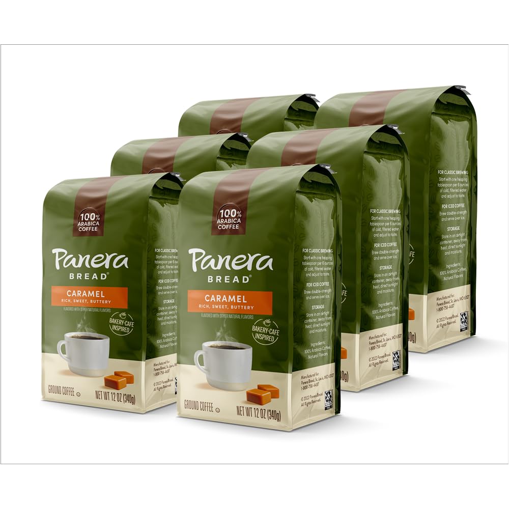 Panera Caramel Light Roast, Ground Coffee, Flavored Coffee, Bagged 12oz, Pack of 6
