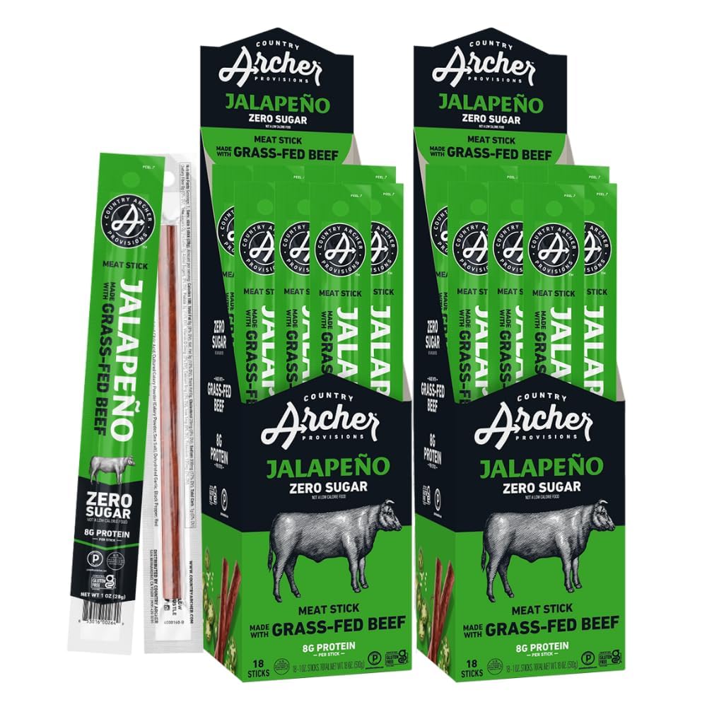 Country Archer Beef Jerky Sticks Jalapeno - Grass Fed Beef Sticks Individually Wrapped, Beef Sticks Bulk, Beef Jerky Snack Packs