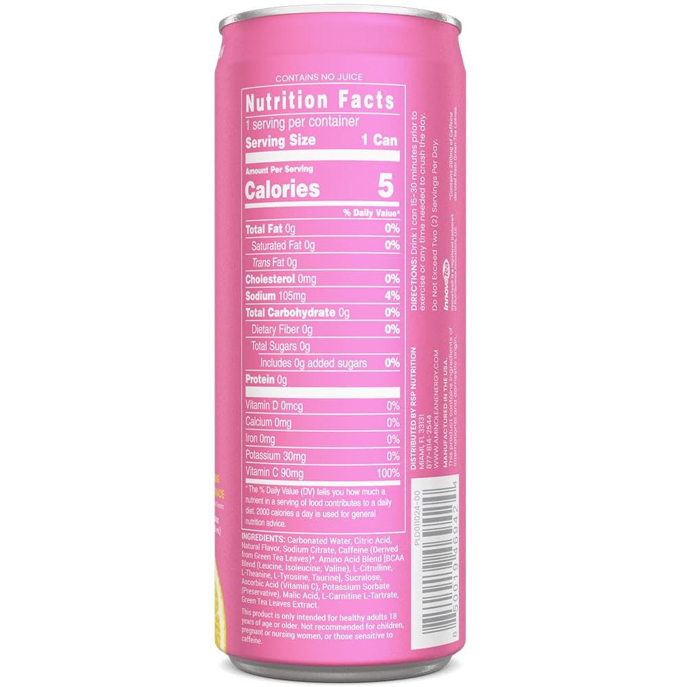 RSP NUTRITION AminoLean Energy Drink - Sugar Free, Natural Caffeine, Vegan Amino Acids, Pink Lemonade, 12 oz, Pack of 12