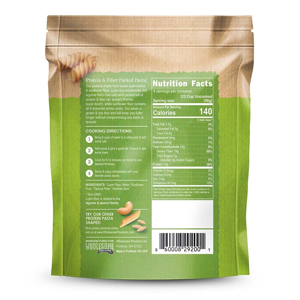 Wholesome Provisions High Protein Pasta, Gluten Free, 19g Protein, 4g Net Carb, 8 Ounce, Rotini