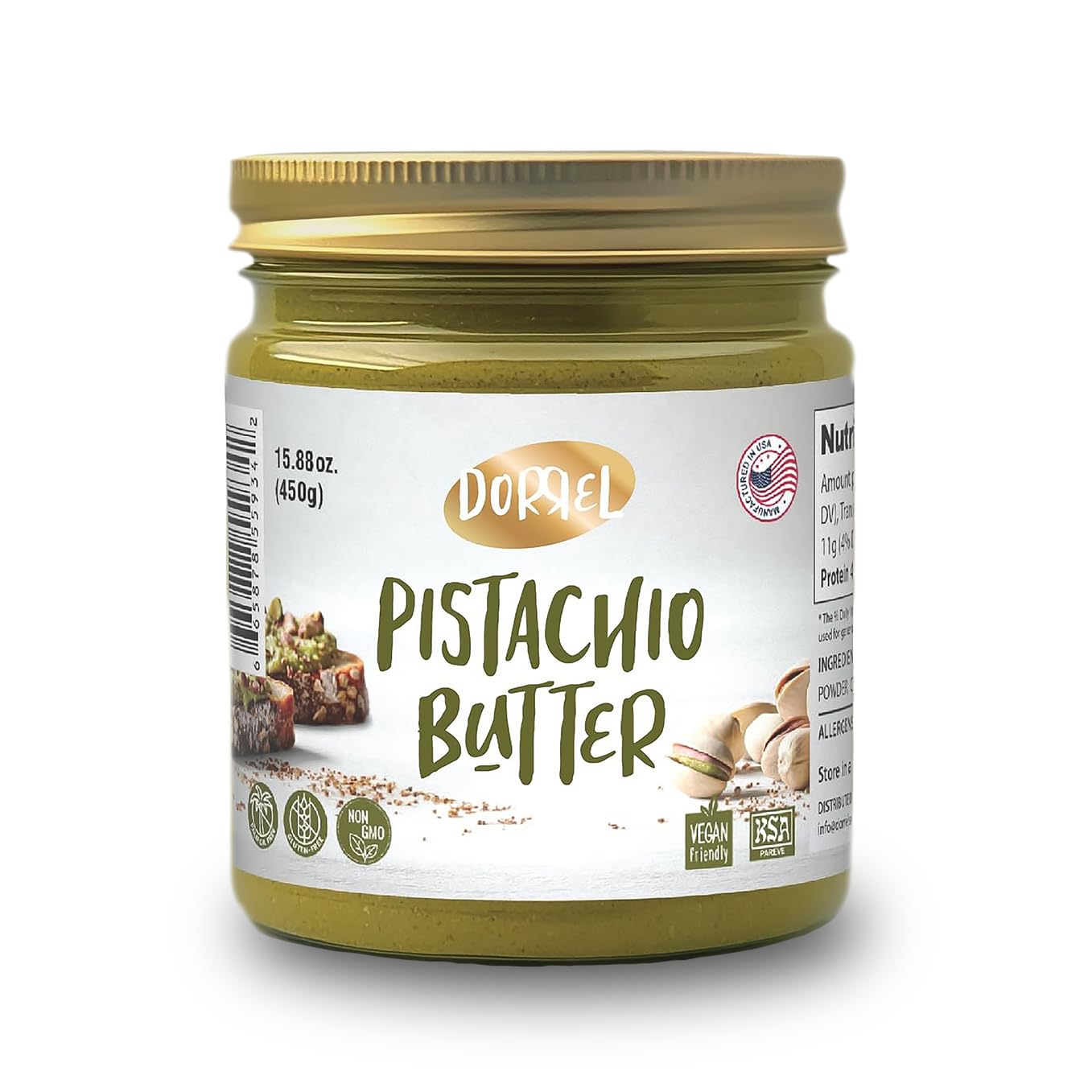 Dorrel Pistachio Butter, Dairy-Free Spreadable, 60% California Pistachios, Vegan, Kosher, 15.88 Ounce (450g)