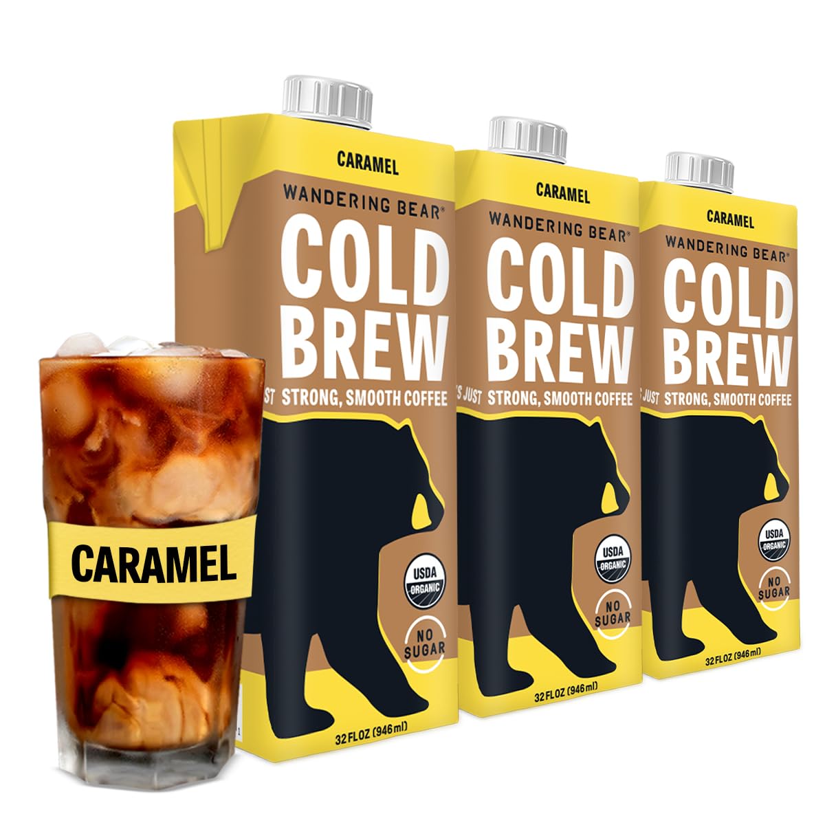 Wandering Bear Organic Caramel Cold Brew Coffee, 32 fl oz, 3 Pack - Extra Strong, Smooth, Unsweetened, Shelf-Stable, Ready to Dr