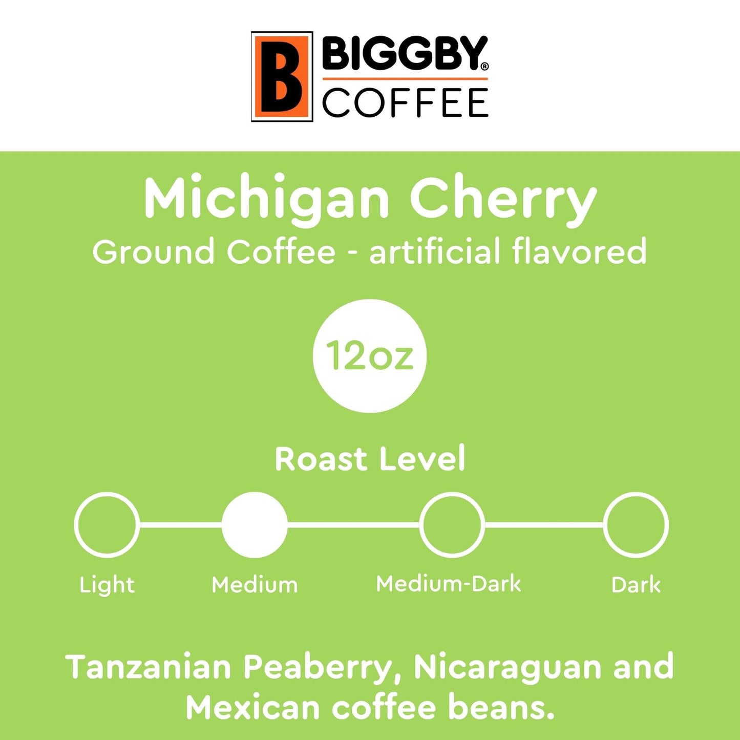 BIGGBY Michigan Cherry Flavored Ground Coffee, Medium Roast, 12oz Bag