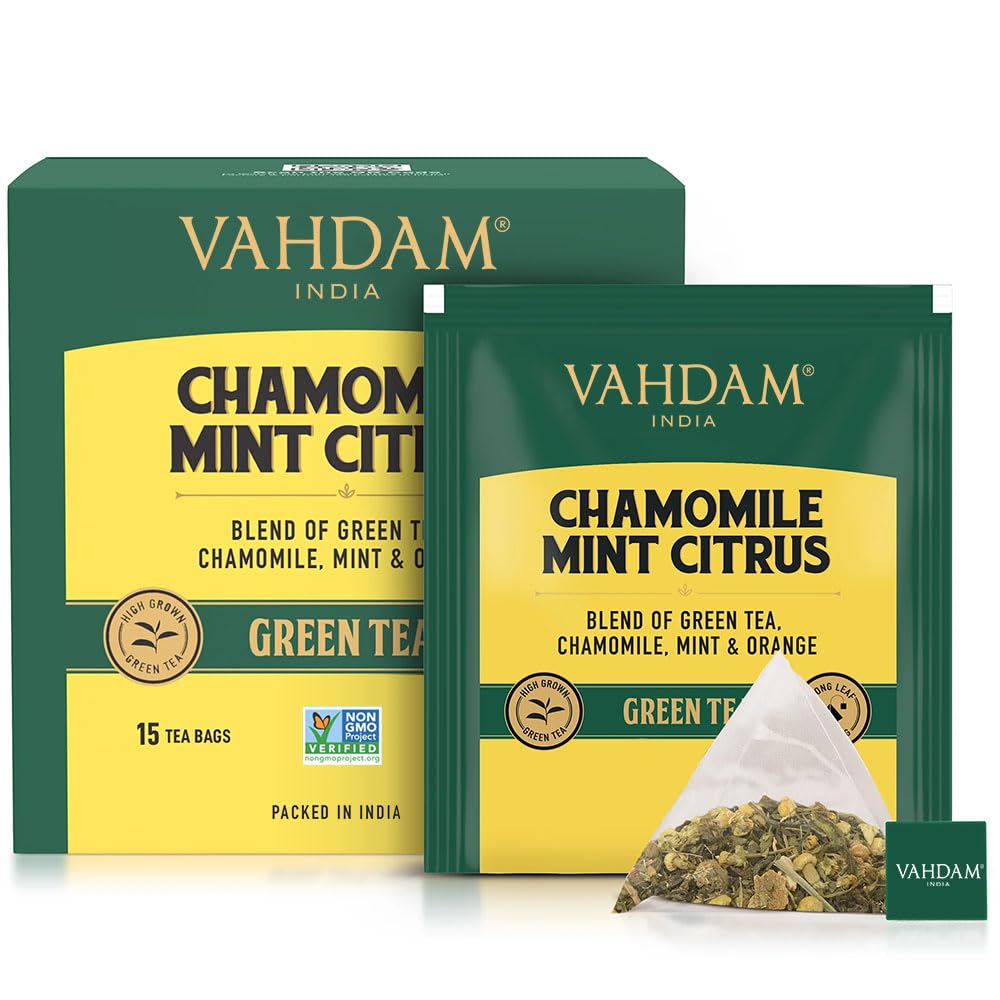 Vahdam, Chamomile Mint Citrus Green Tea Bags (30 Count) Low Caffeine, Non Gmo, Gluten Free | Sweet & Floral | Resealable Ziplock Pouch | Individually Wrapped Chamomile Tea Bags