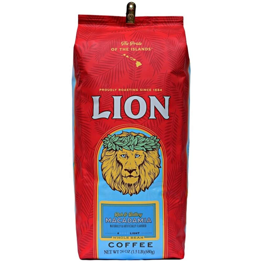 Lion Coffee, Macadamia Flavor Light Roast - Whole Bean Coffee, 24 Ounce Bag