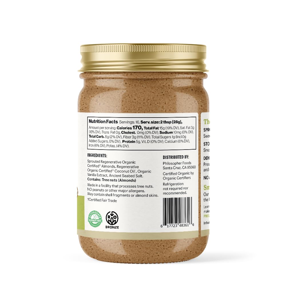 Philosopher Foods Creamy Alchemy Sprouted Almond Nut Butter, 16 Oz. - Silky Smooth Pourable Organic Butter, Natural Sweetness, S
