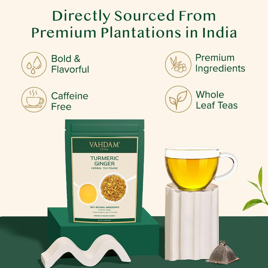 VAHDAM Turmeric Ginger Herbal Tea - Caffeine Free, 50+ Cups, 3.53oz, Off-white, Model B0757VW95S, Vacuum Sealed, 100