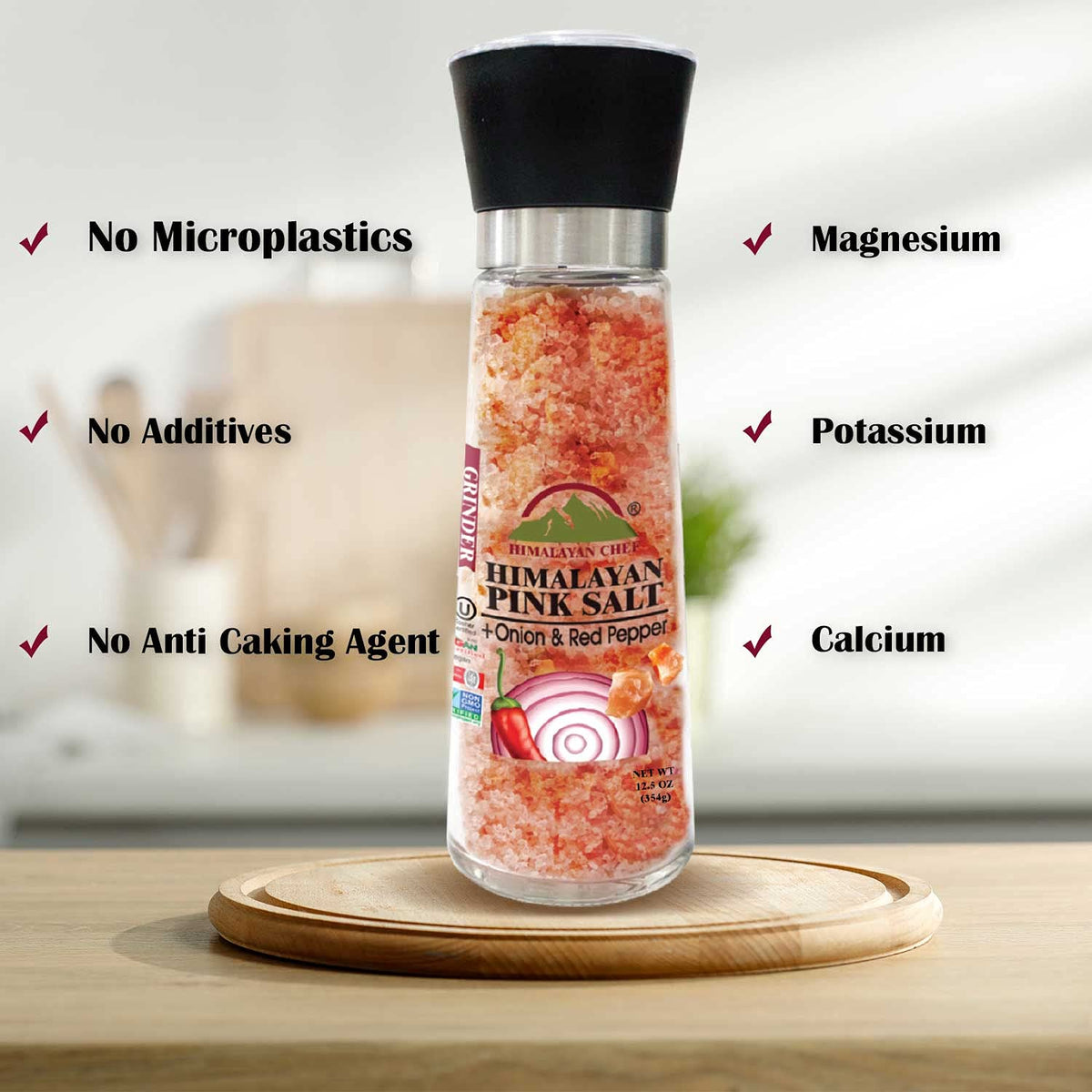 Himalayan Chef Pink Salt with Roasted Onion & Red Crushed Pepper, Tall Glass Grinder, 10.58 Oz