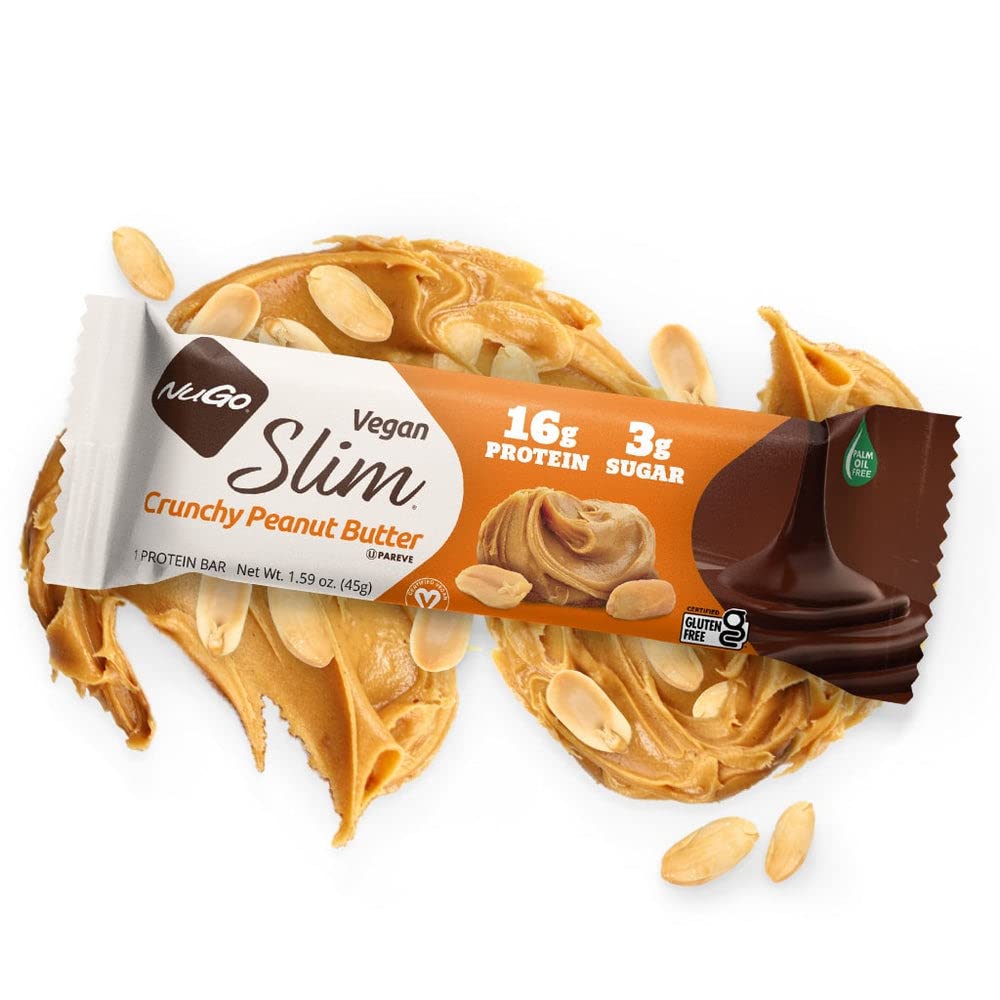 NuGo Slim Dark Chocolate Crunchy Peanut Butter, 17g Vegan Protein, 3g Sugar, 7g Fiber, 180 Calories, Low Net Carbs, Gluten Free,