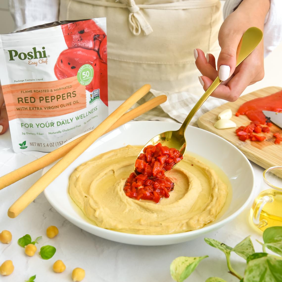 POSHI Flame Roasted Red Peppers in Extra Virgin Olive Oil Natural, Keto, Vegan, Non GMO, Low Carb + Calorie, Gluten Free, Ready