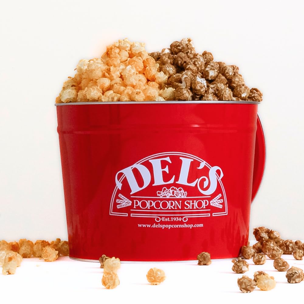 2 Gallon Popcorn Tin Gift - Half Cheese/Half Caramel Gourmet Popcorn Gift Tin - Del's Popcorn Shop