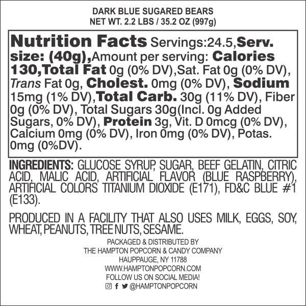 The Hampton Popcorn Company Dark Blue Gummy Bears, 2.2 Pound Bag, Blue Raspberry Flavored