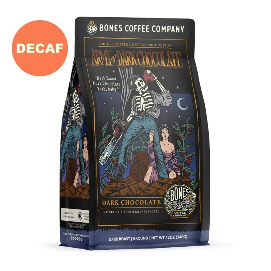 Bones Coffee Company Decaf Dark Chocolate Flavored Ground Coffee, 12 oz Dark Roast Arabica, Low Acid