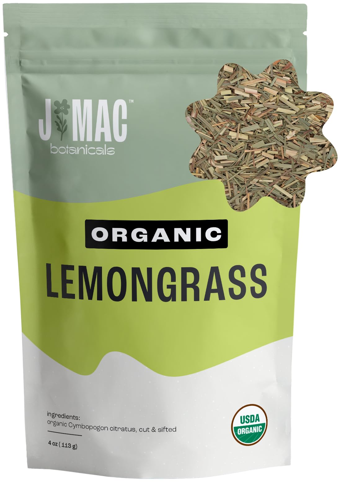 J MAC BOTANICALS Organic Cut & Sifted Dried Lemongrass Tea, 4 oz, USDA Organic, Resealable Pouch