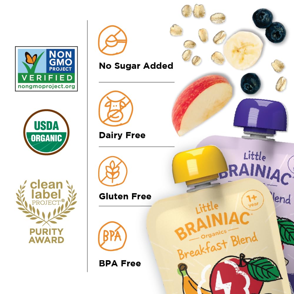 Little Brainiac Variety Pack Breakfast Blend Organic Fruit & Oat Toddler Pouches, Banana Apple Oat & Apple Berry Oat with Omega-
