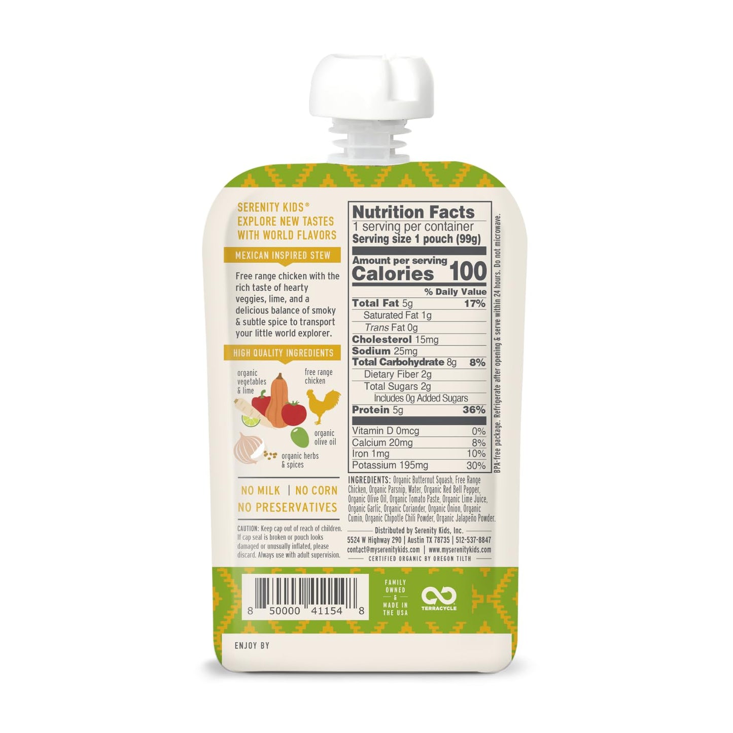 Serenity Kids 6+ Months Chicken Mexican Stew Baby Food Pouch - 3.5 Oz, Pack Of 12 - Dv 5G Protein Baby Protein Pouches - Chicken Veggie Puree - On-The-Go Convenience