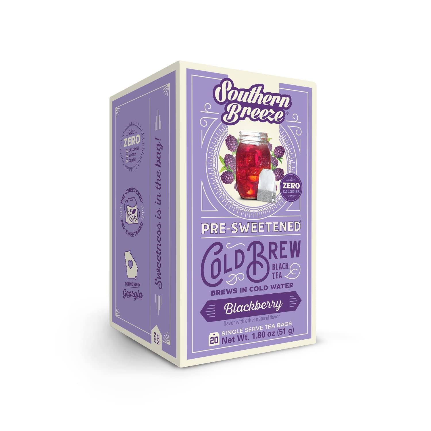 Southern Breeze Cold Brew Sweet Tea Blackberry Iced Tea With Black Tea And Zero Carbs Zero Sugar, 20 Individually Wrapped Tea Bags Southern Sweet Tea Iced Tea Beverage