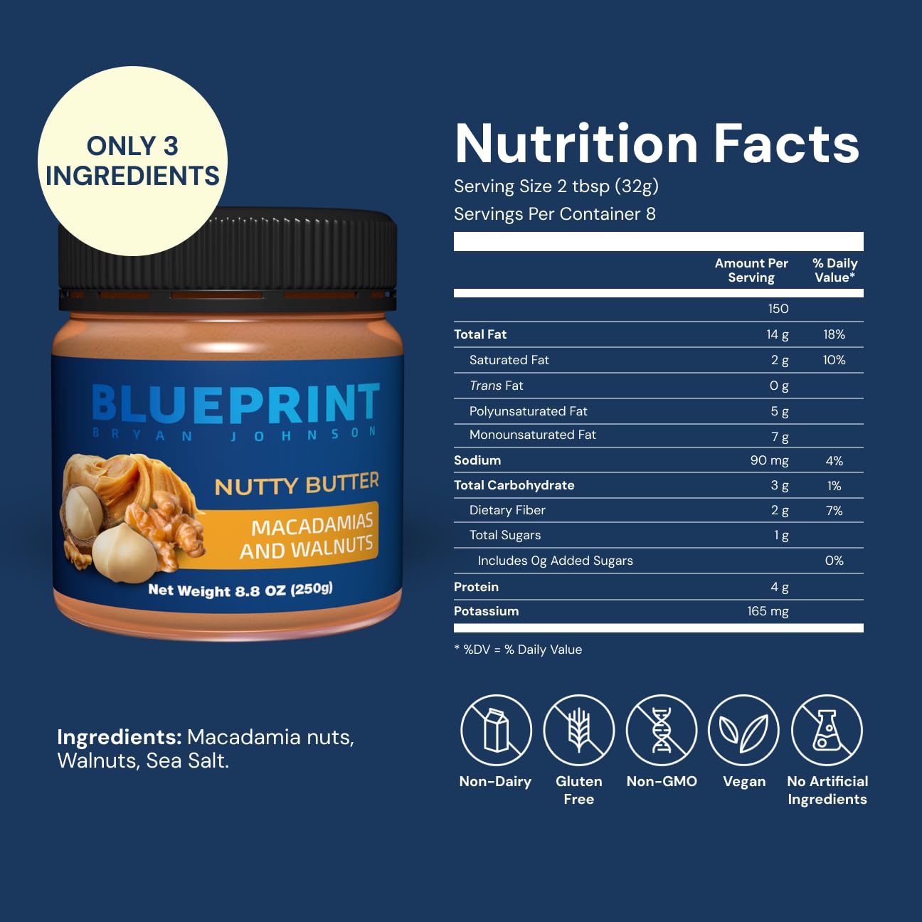 Blueprint Bryan Johnson Nutty Butter - Macadamia & Walnut - Keto Snack, 8.8 oz - Vegan, Non-GMO, No Added Sugar