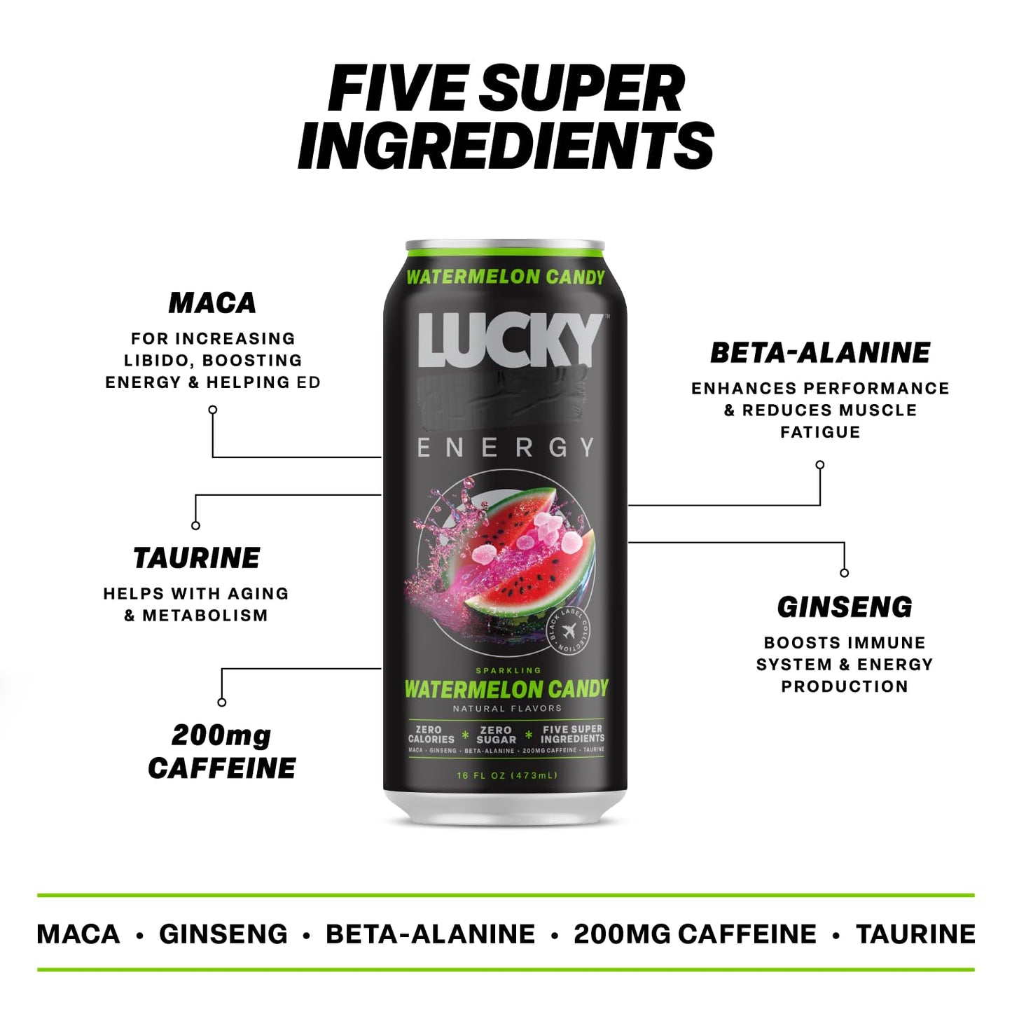 Lucky Energy Sugar Free Energy Drinks, 16oz Cans, Watermelon Candy, 12-Pack, Zero Sugar, 200mg Caffeine