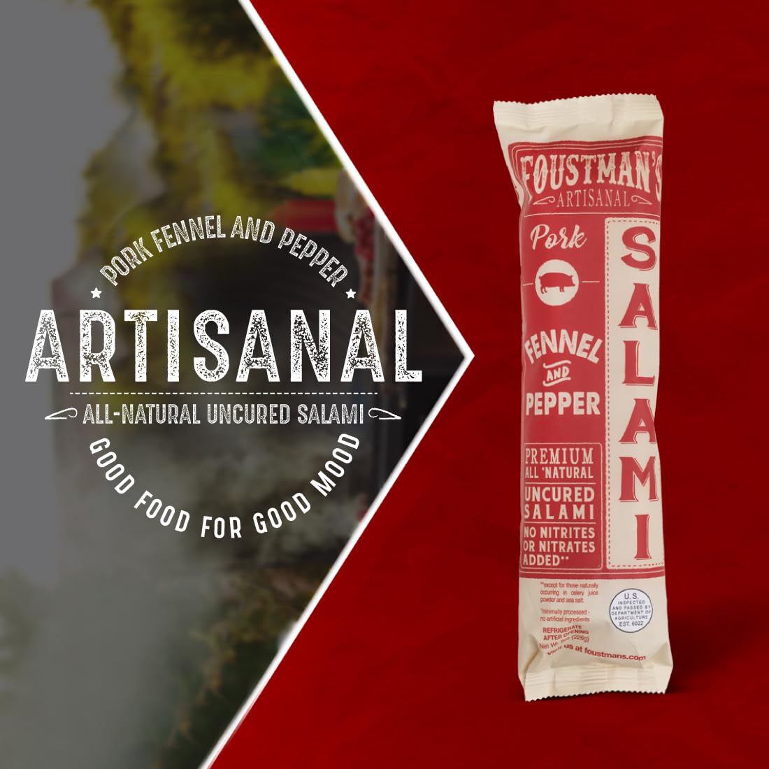 Foustmans Salami Pork Fennel and Pepper Artisanal, Nitrate-Free, Naturally Cured, Gluten-Free, Dairy-Free, Pack of 6, 8 Oz Each