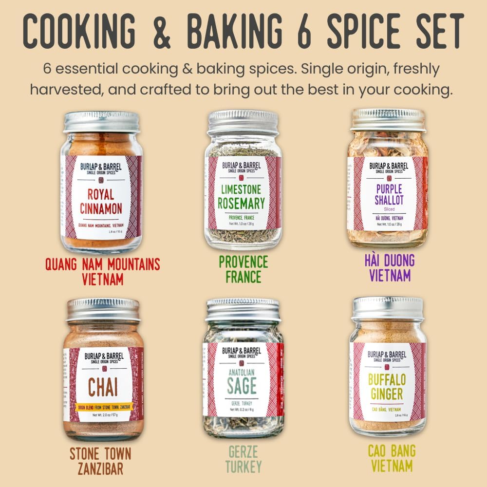 Burlap & Barrel 6-Pack Gourmet Spice Gift Set – Includes Cinnamon, Rosemary & More – Full-Size Jars – 20.09 cm
